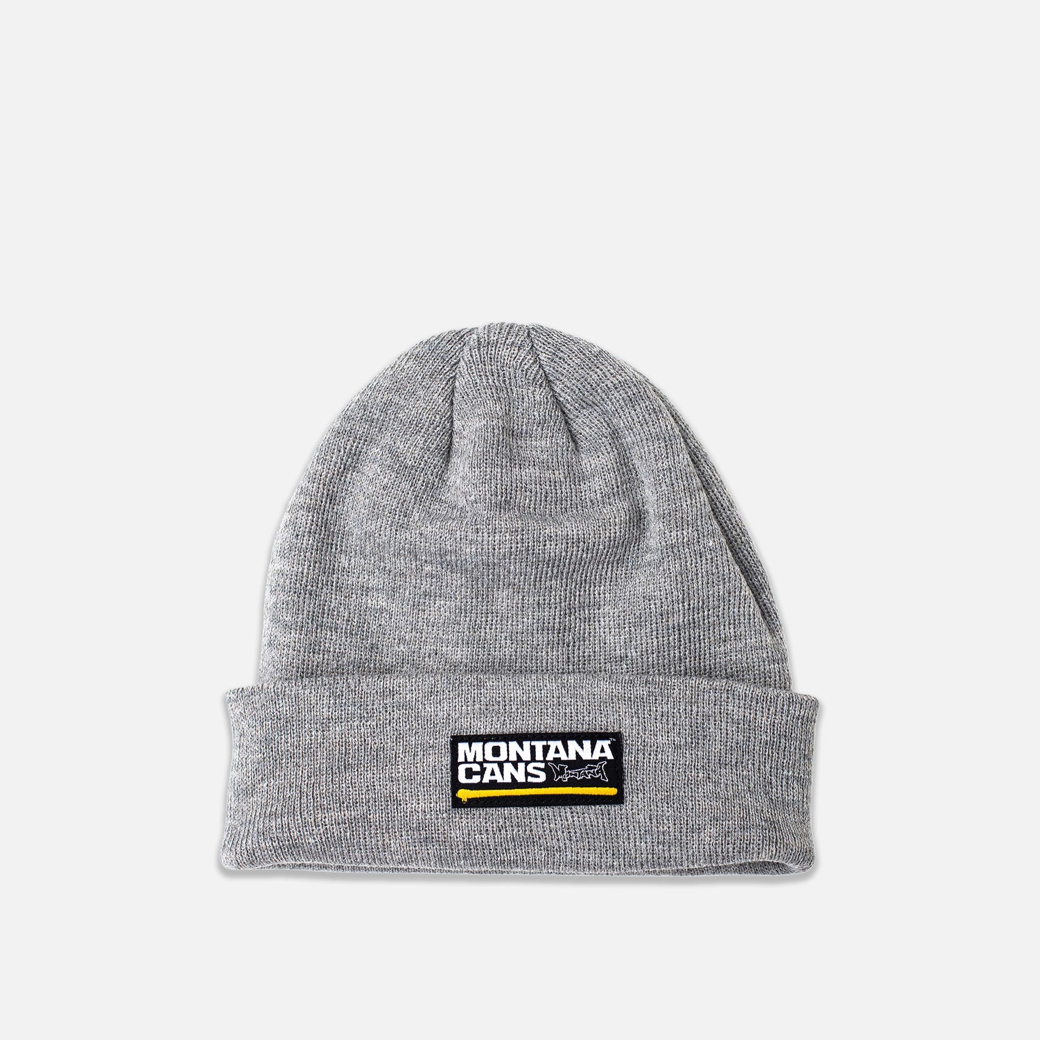 Gray beanie with Montana Cans logo on a grey background