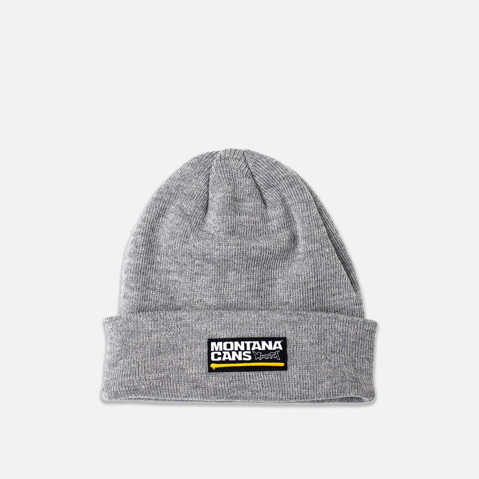 Gray beanie with Montana Cans logo on a grey background