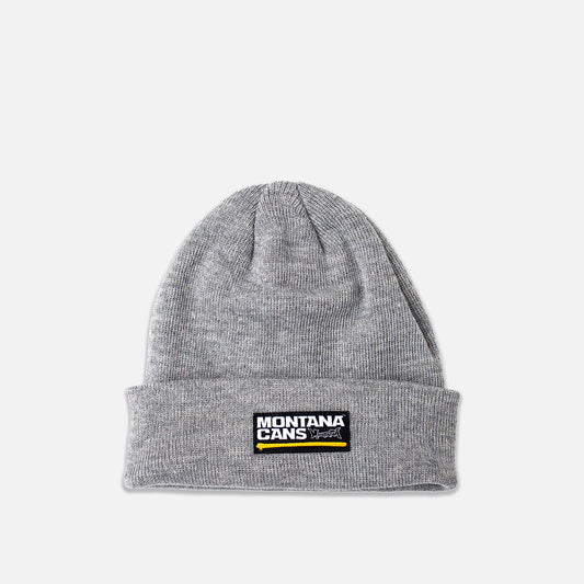 Gray beanie with Montana Cans logo on a grey background